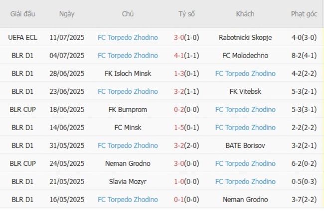 Phong độ gần đây của FC Torpedo Zhodino